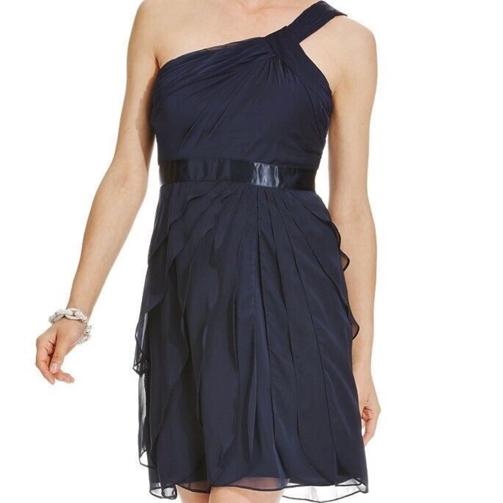 NWT ADRIANNA PAPELL NEW Blue Draped Chiffon One Shoulder Flutter Dress Size 10